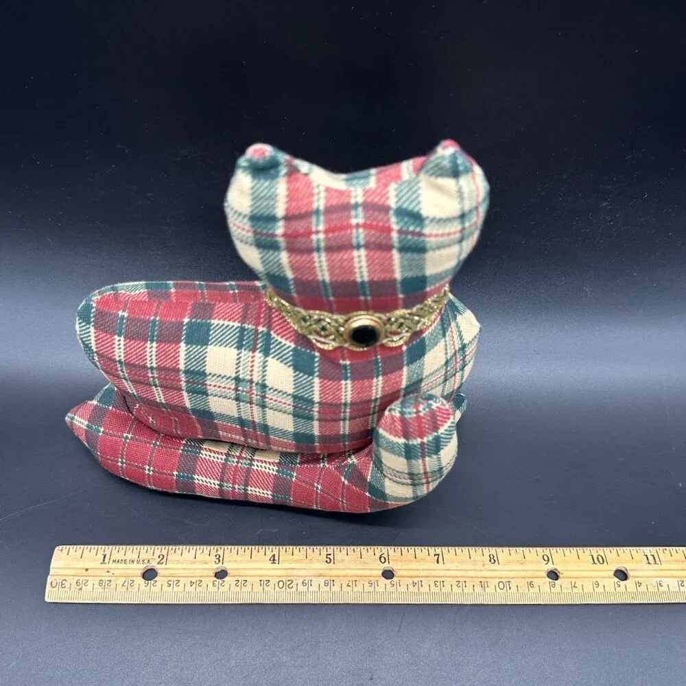 Vintage Cat Shaped Throw Pillow Red Green Plaid Stuffed Animal Kitty Kitten